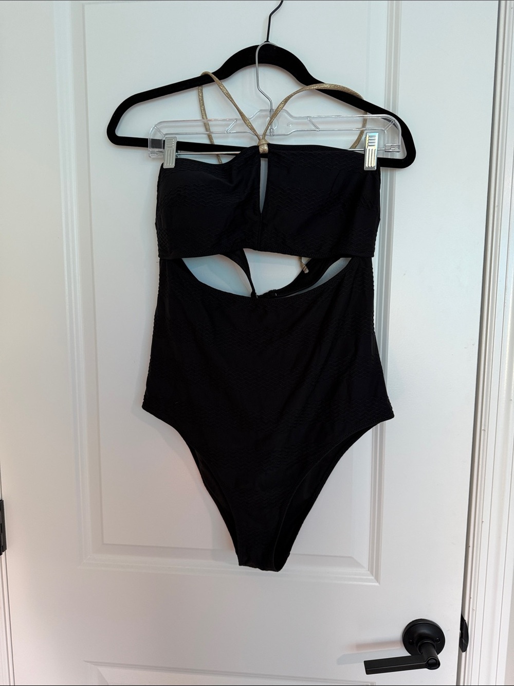 Black One-Piece Swimsuit with Gold Straps